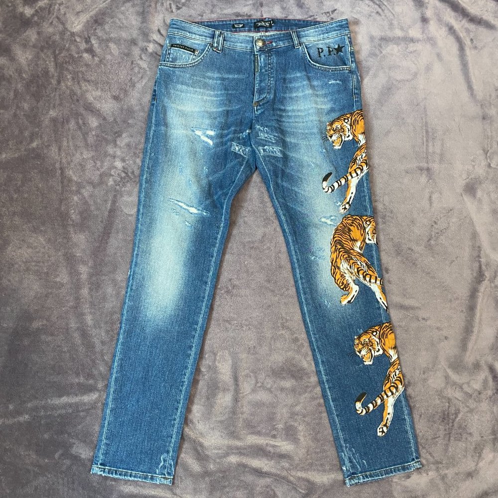 Philipp Plein Men's Blue Straight Leg Tiger Jeans - Picture 3 of 8